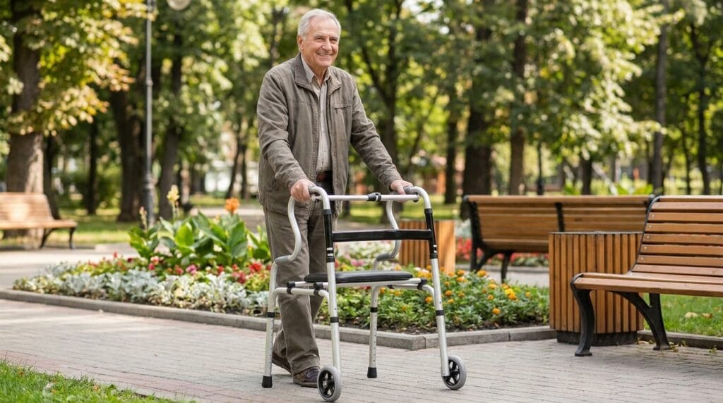AndCare China Real Factory AC816L1-5 Aluminum Walker with Seat Lifestyle Scene - Senior Using Walker with Leather Seat Board + 5-inch Front Wheels Park Walking - Amazon Hot Selling Supplier OEM Wholesale ISO 13485 CE FDA