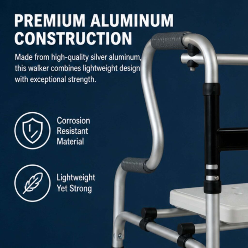 AndCare China Real Factory AC816L2 Aluminum Walker with Seat Lightweight Aluminum Frame - 46×60cm, 77-94cm height, 4kg net - Amazon Hot Selling Supplier OEM Wholesale ISO 13485 CE FDA