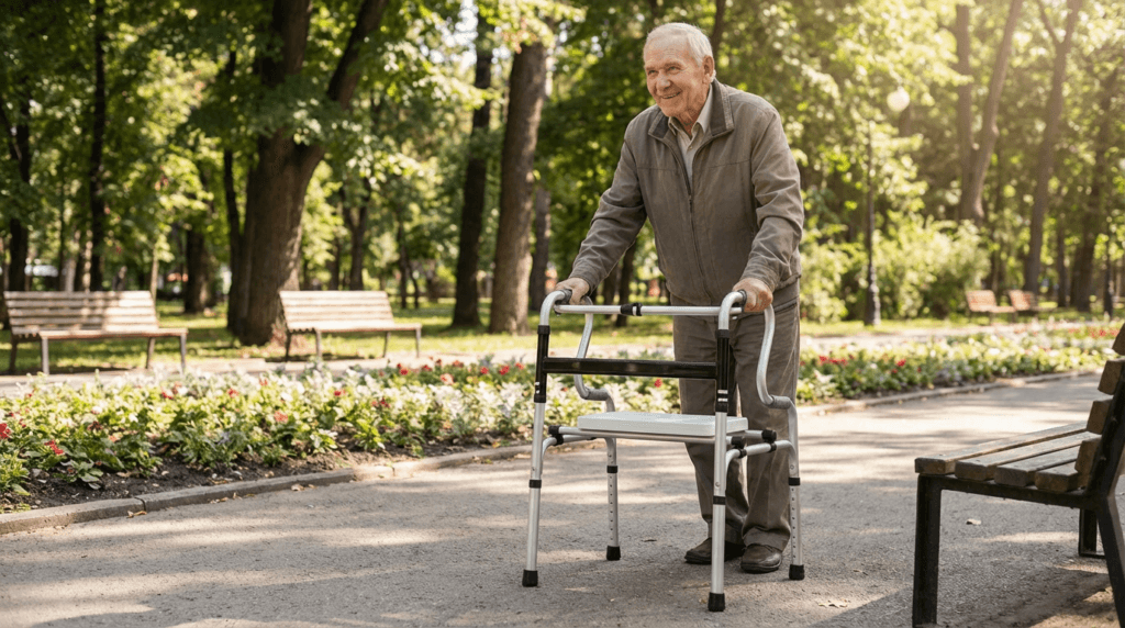 AndCare China Real Factory AC816L2 Aluminum Walker with Seat Lifestyle Scene - Senior Using Walker with Plastic Seat Board (No Wheels) Park Walking - Amazon Hot Selling Supplier OEM Wholesale ISO 13485 CE FDA