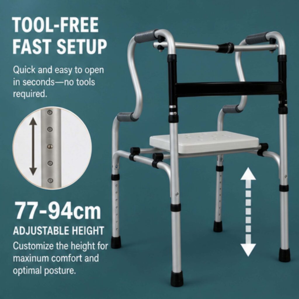 AndCare China Real Factory AC816L2 Aluminum Walker with Seat Adjustable Height - 46×60cm, 77-94cm height, 4kg net - Amazon Hot Selling Supplier OEM Wholesale ISO 13485 CE FDA