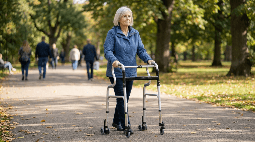 AndCare China Real Factory AC816LG-3 Aluminum Walker with Wheels Lifestyle Scene - Senior Using Folding Walker with 3-inch Universal Casters + 3-inch Shock-Absorbing Rear Wheels Park Walking - Amazon Hot Selling Supplier OEM Wholesale ISO 13485 CE FDA