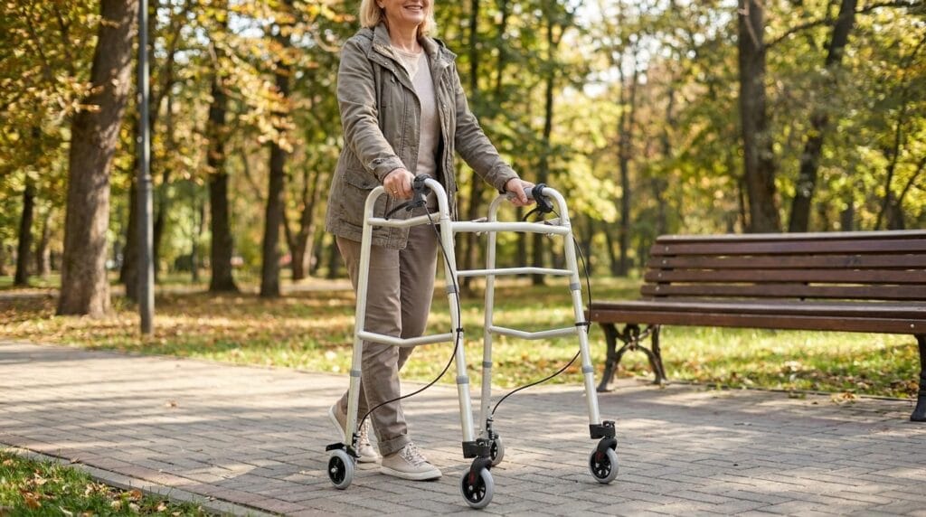 AndCare China Real Factory AC8211L Aluminum Reciprocal Walker Lifestyle Scene - Senior Using Reciprocal Folding Walker with 3-inch Front + 3-inch Rear Wheels Park Walking - Amazon Hot Selling Supplier OEM Wholesale ISO 13485 CE FDA