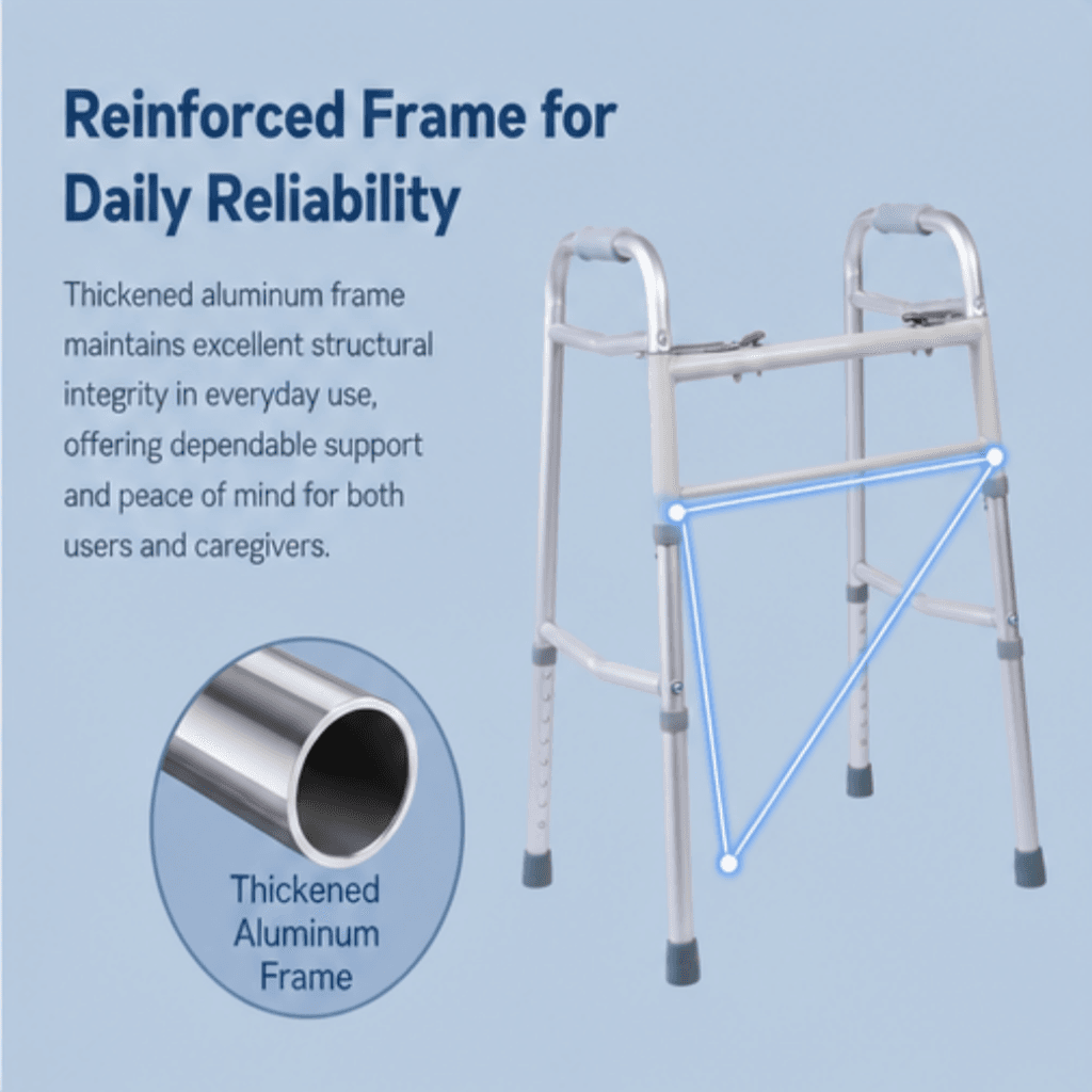 AndCare China Real Factory AC821L Aluminum Folding Walker Reinforced Aluminum Frame - 46×56cm, 72-89cm height, 2.5kg net - Amazon Hot Selling Supplier OEM Wholesale ISO 13485 CE FDA
