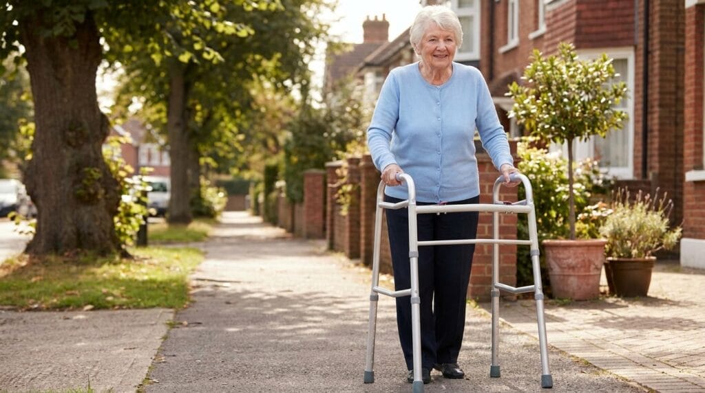 AndCare China Real Factory AC821L Aluminum Folding Walker Lifestyle Scene - Senior Using One-Button Folding Walker Urban Street Walking - Amazon Hot Selling Supplier OEM Wholesale ISO 13485 CE FDA