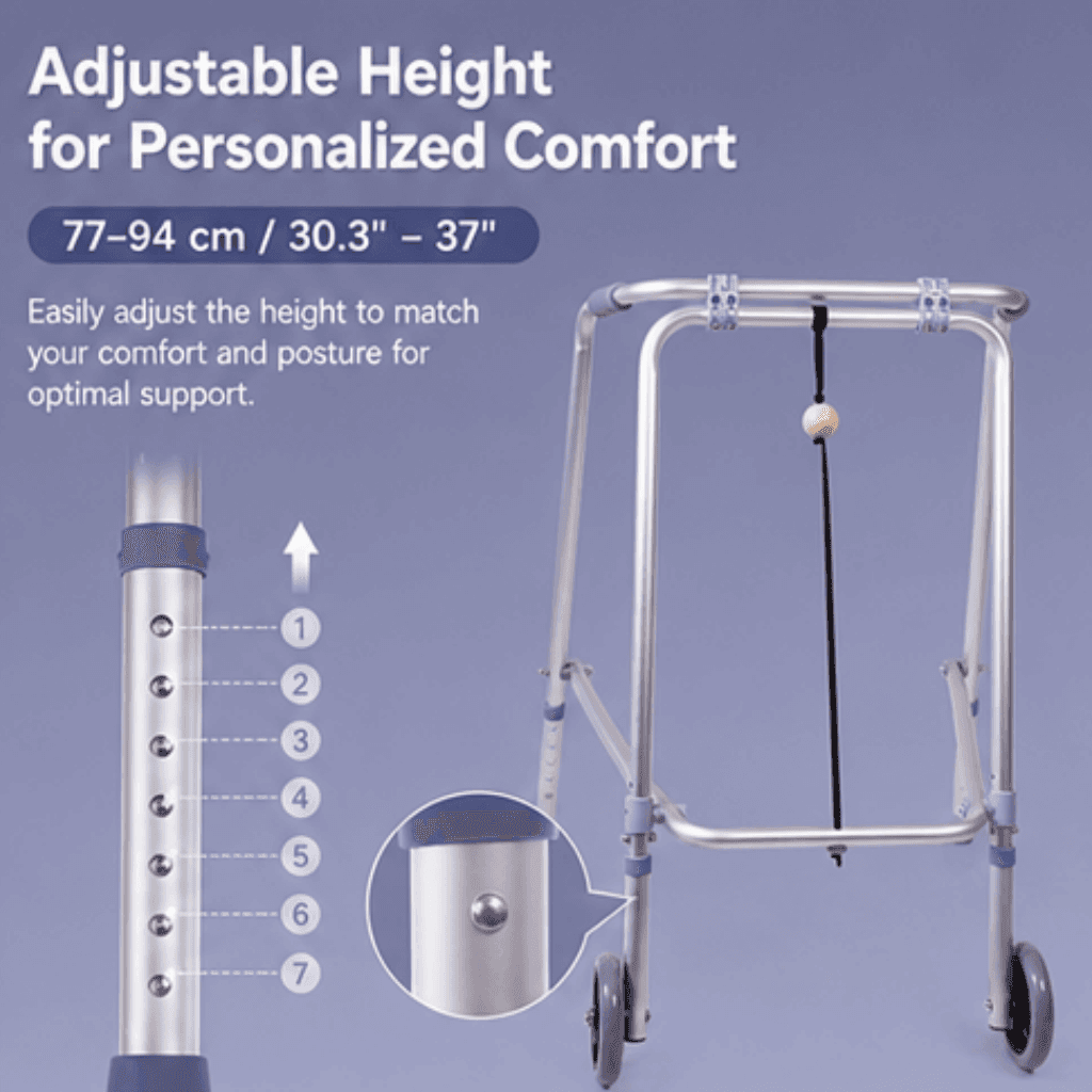 AndCare China Real Factory AC8242L Aluminum Walker with Front Wheels Adjustable Height - 61×63cm, 83-90.5cm height, 1.9kg net - Amazon Hot Selling Supplier OEM Wholesale ISO 13485 CE FDA