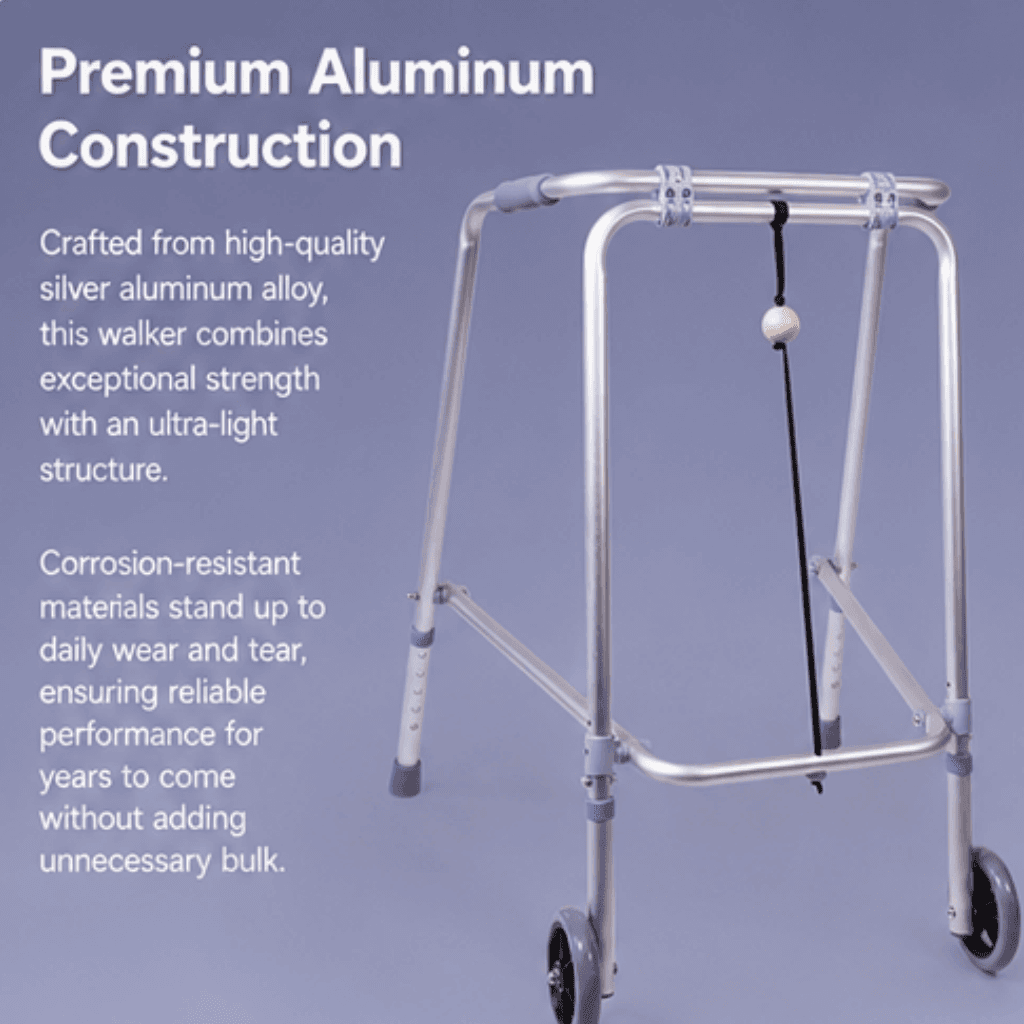 AndCare China Real Factory AC8242L Aluminum Walker with Front Wheels Feature Highlight - 61×63cm, 83-90.5cm height, 1.9kg net - Amazon Hot Selling Supplier OEM Wholesale ISO 13485 CE FDA