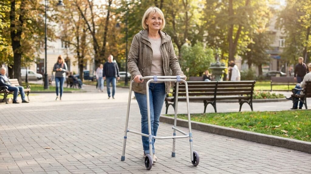 AndCare China Real Factory AC8242L Aluminum Walker with Front Wheels Lifestyle Scene - Senior Using Fixed Walker with 2 Front Wheels (H-Frame Design) Park Walking - Amazon Hot Selling Supplier OEM Wholesale ISO 13485 CE FDA