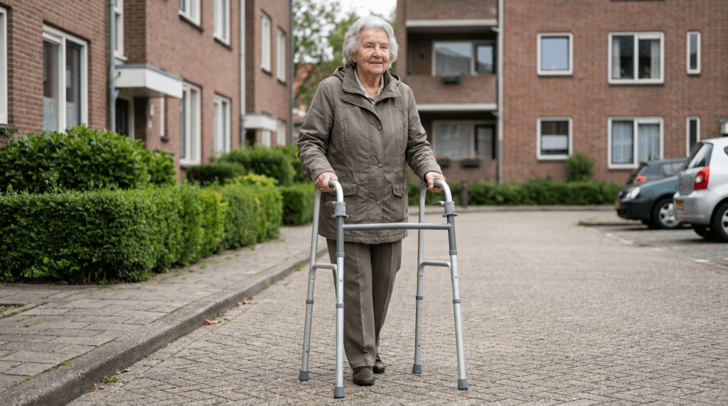 AndCare China Real Factory AC829L Aluminum Fixed Walker Lifestyle Scene - Senior Using Fixed-Height Walker (Non-Adjustable) Urban Street Walking - Amazon Hot Selling Supplier OEM Wholesale ISO 13485 CE FDA