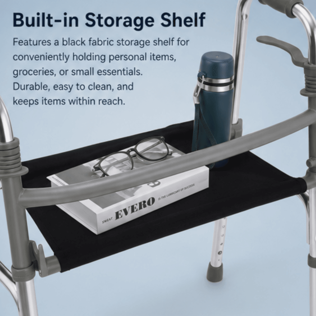 AndCare China Real Factory AC829L1 Aluminum Fixed Walker with Storage Built-in Storage Shelf - 58×47cm, fixed height 78-95cm, 5.2kg net - Amazon Hot Selling Supplier OEM Wholesale ISO 13485 CE FDA