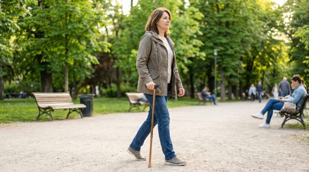 AndCare AC833L China Real Factory Aluminum Walking Cane Green Park Outdoor Walking Scene Amazon Hot Selling Supplier OEM Wholesale ISO 13485 CE FDA