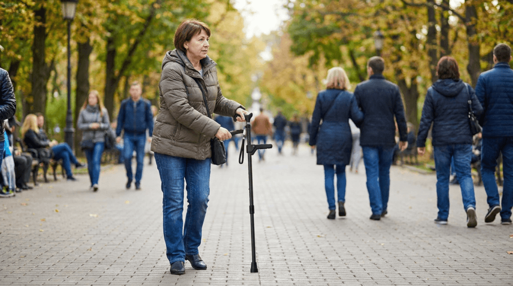 AndCare AC833L1 China Real Factory Carbon Fiber Folding Walking Cane Autumn Park Outdoor Mobility Scene Amazon Hot Selling Supplier OEM Wholesale ISO 13485 CE FDA