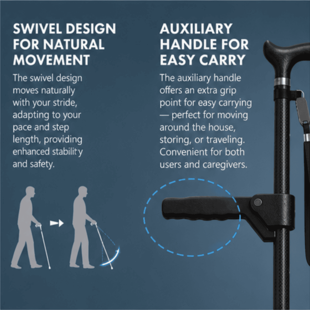 AndCare AC833L1 China Real Factory Carbon Fiber Folding Walking Cane Swivel Design and Auxiliary Handle Amazon Hot Selling Supplier Manufacturer OEM Wholesale ISO 13485 CE FDA