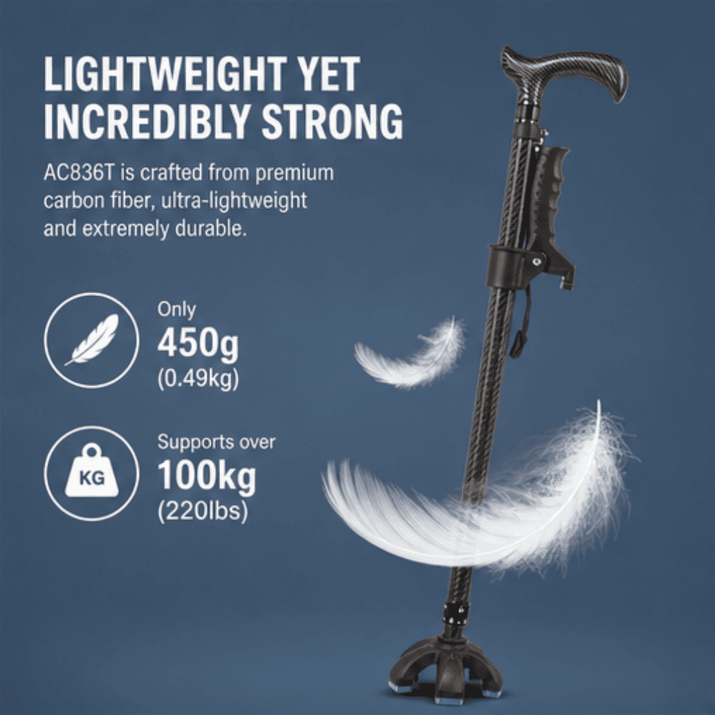 AndCare China Real Factory AC836T Carbon Fiber Walking Cane 450g Lightweight 100kg Capacity Amazon Hot Selling Supplier Manufacturer OEM Wholesale ISO 13485 CE FDA