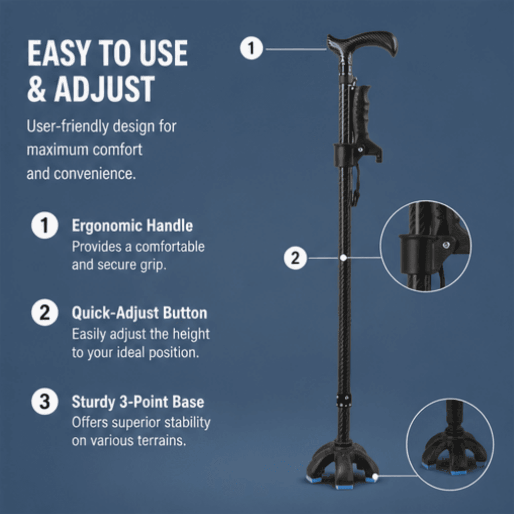 AndCare China Real Factory AC836T Carbon Fiber Walking Cane Ergonomic Handle Quick Adjust Button Amazon Hot Selling Supplier Manufacturer OEM Wholesale ISO 13485 CE FDA