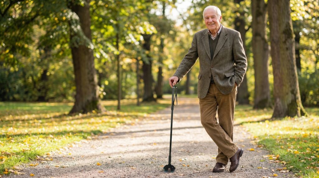 AndCare AC837T China Real Factory Carbon Fiber Walking Cane with Wood Handle Lakeside Park Leisure Walking Scene Amazon Hot Selling Supplier OEM Wholesale ISO 13485 CE FDA