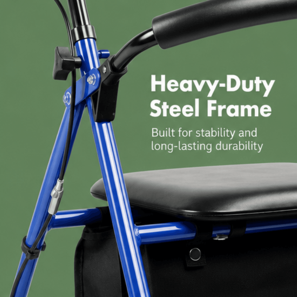 AndCare China Real Factory AC861 heavy-duty blue steel frame close-up Steel Rollator Amazon Hot Selling Supplier OEM Wholesale ISO 13485 CE FDA