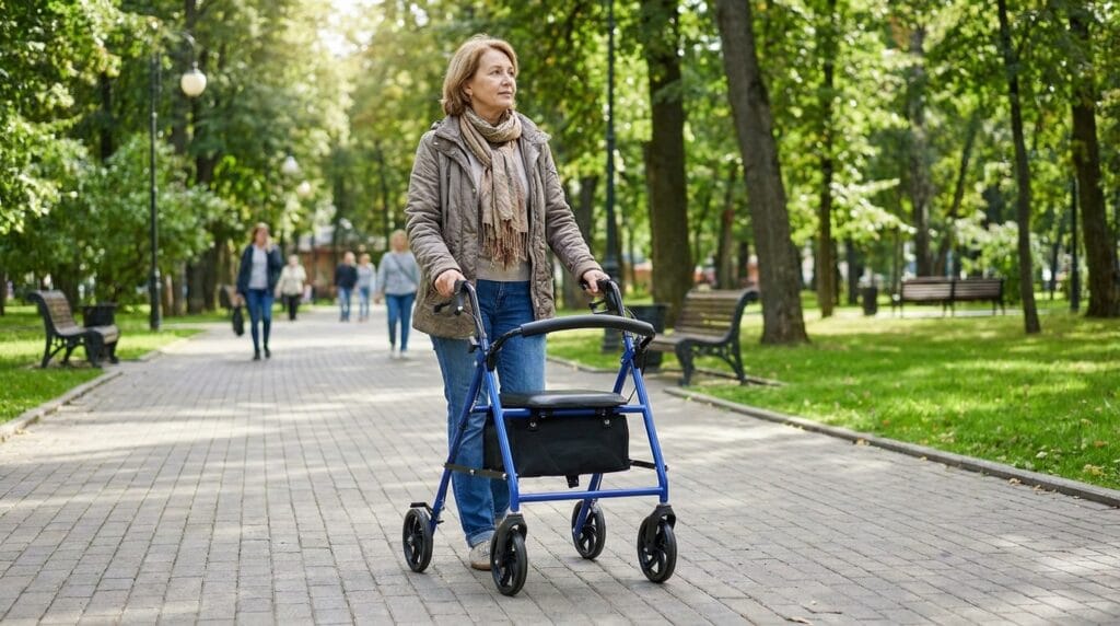 AndCare China Real Factory AC861 senior walking with rollator in park Steel Rollator Amazon Hot Selling Supplier OEM Wholesale ISO 13485 CE FDA