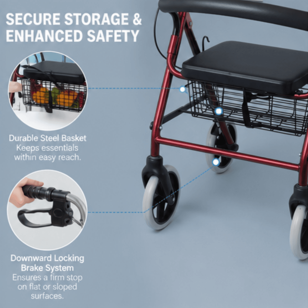 AndCare China Real Factory AC862 8-inch PVC wheels and brake system detail Steel Rollator Amazon Hot Selling Supplier OEM Wholesale ISO 13485 CE FDA