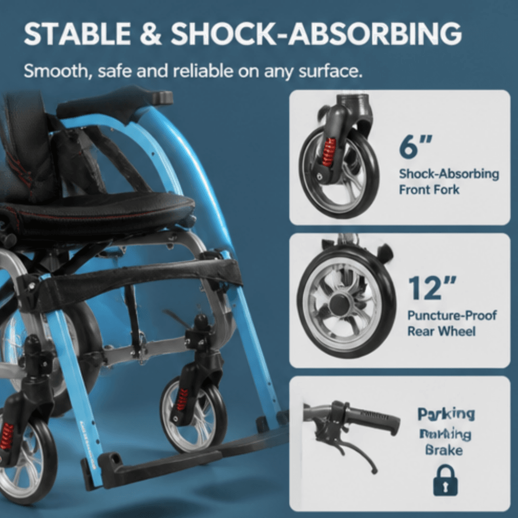 AndCare China Real Factory AC8632L-12 separable black mesh fabric and 12-inch PU rear wheels Aluminum Lightweight Transport Wheelchair Amazon Hot Selling Supplier OEM Wholesale ISO 13485 CE FDA