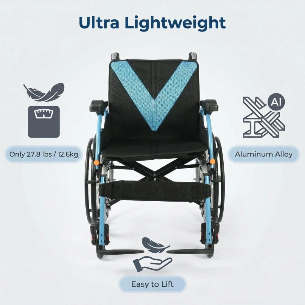 AndCare China Real Factory AC8632L2-20B aluminum lightweight manual wheelchair spray blue finish Aluminum Lightweight Manual Wheelchair Amazon Hot Selling Supplier OEM Wholesale ISO 13485 CE FDA