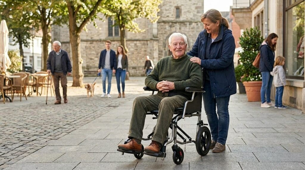 AndCare China Real Factory AC863L-12 caregiver transporting elderly with aluminum transport wheelchair Aluminum Manual Transport Wheelchair Amazon Hot Selling Supplier OEM Wholesale ISO 13485 CE FDA