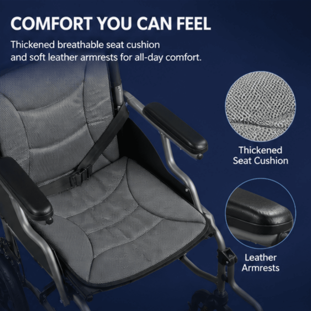 AndCare China Real Factory AC863L-12 grey mesh fabric and powder-coated silver grey frame Aluminum Manual Transport Wheelchair Amazon Hot Selling Supplier OEM Wholesale ISO 13485 CE FDA