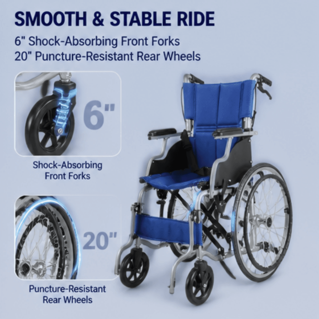 AndCare China Real Factory AC863L-20 blue mesh fabric and powder-coated silver grey frame Aluminum Manual Wheelchair Amazon Hot Selling Supplier OEM Wholesale ISO 13485 CE FDA