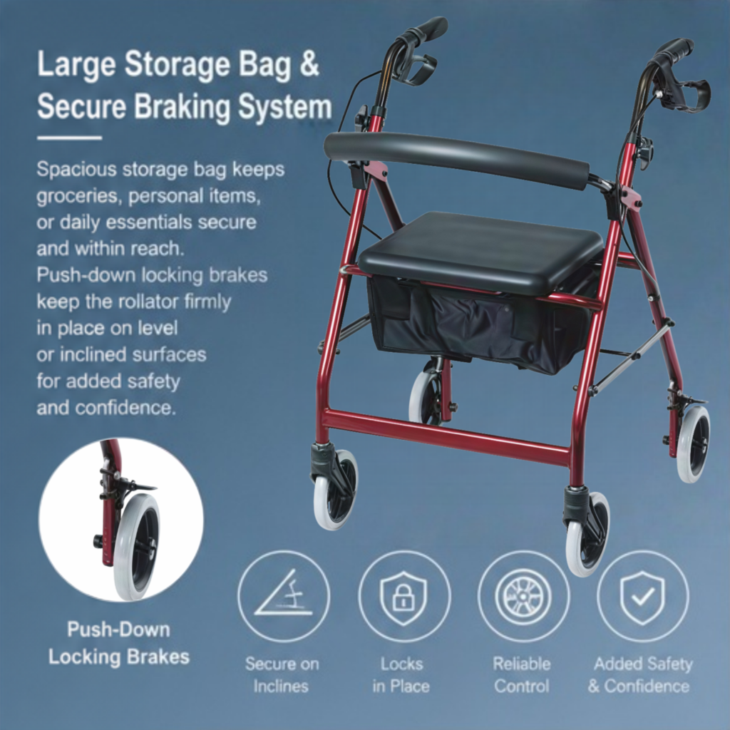 AndCare China Real Factory AC881L aluminum rollator with large storage bag Aluminum Rollator Amazon Hot Selling Supplier OEM Wholesale ISO 13485 CE FDA