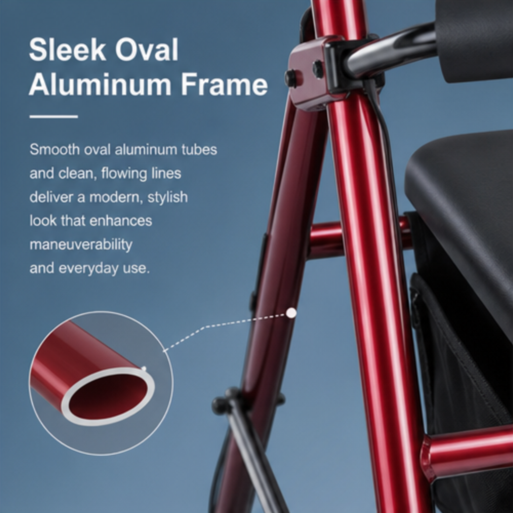 AndCare China Real Factory AC881L sleek oval aluminum frame side view Aluminum Rollator Amazon Hot Selling Supplier OEM Wholesale ISO 13485 CE FDA