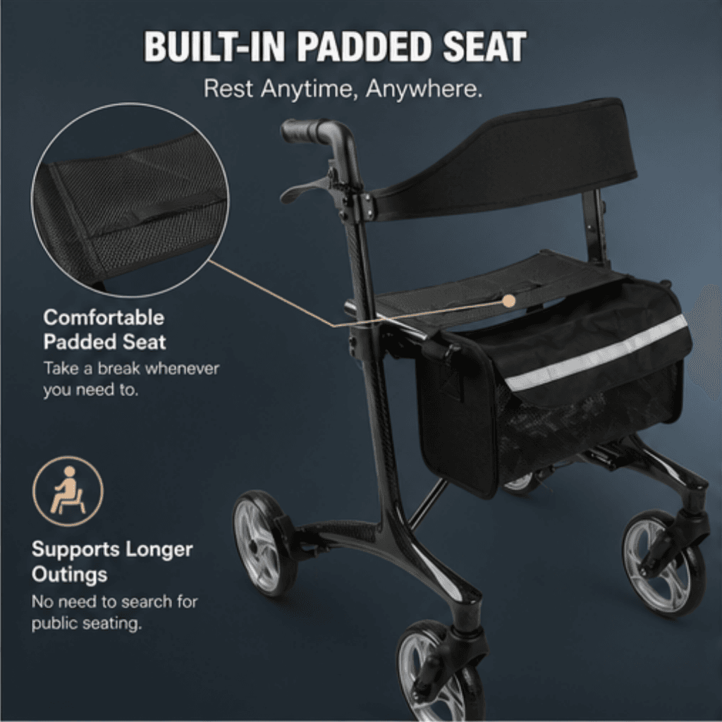 AndCare China Real Factory AC8861T carbon fiber shopping rollator with high backrest Carbon Fiber Shopping Walker Amazon Hot Selling Supplier OEM Wholesale ISO 13485 CE FDA