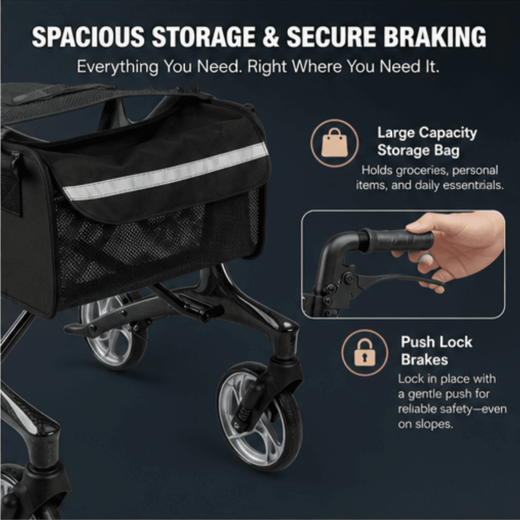 AndCare China Real Factory AC8861T padded comfortable seat with backrest Carbon Fiber Shopping Walker Amazon Hot Selling Supplier OEM Wholesale ISO 13485 CE FDA