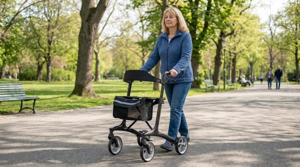 AndCare China Real Factory AC8861T user using shopping rollator in supermarket Carbon Fiber Shopping Walker Amazon Hot Selling Supplier OEM Wholesale ISO 13485 CE FDA