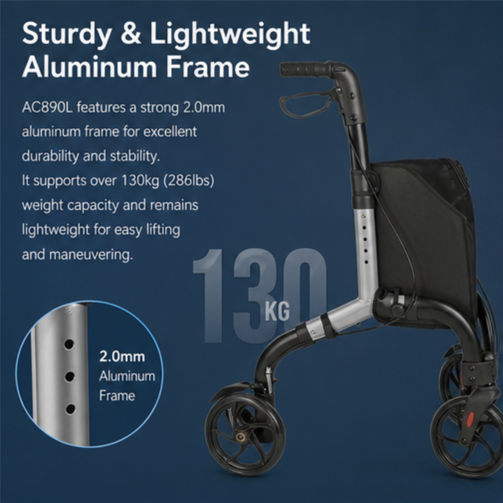 AndCare China Real Factory AC890L 2.0mm Aluminum Frame 3 Wheel Rollator Walker 130kg Capacity Amazon Hot Selling Supplier OEM Wholesale ISO 13485 CE FDA