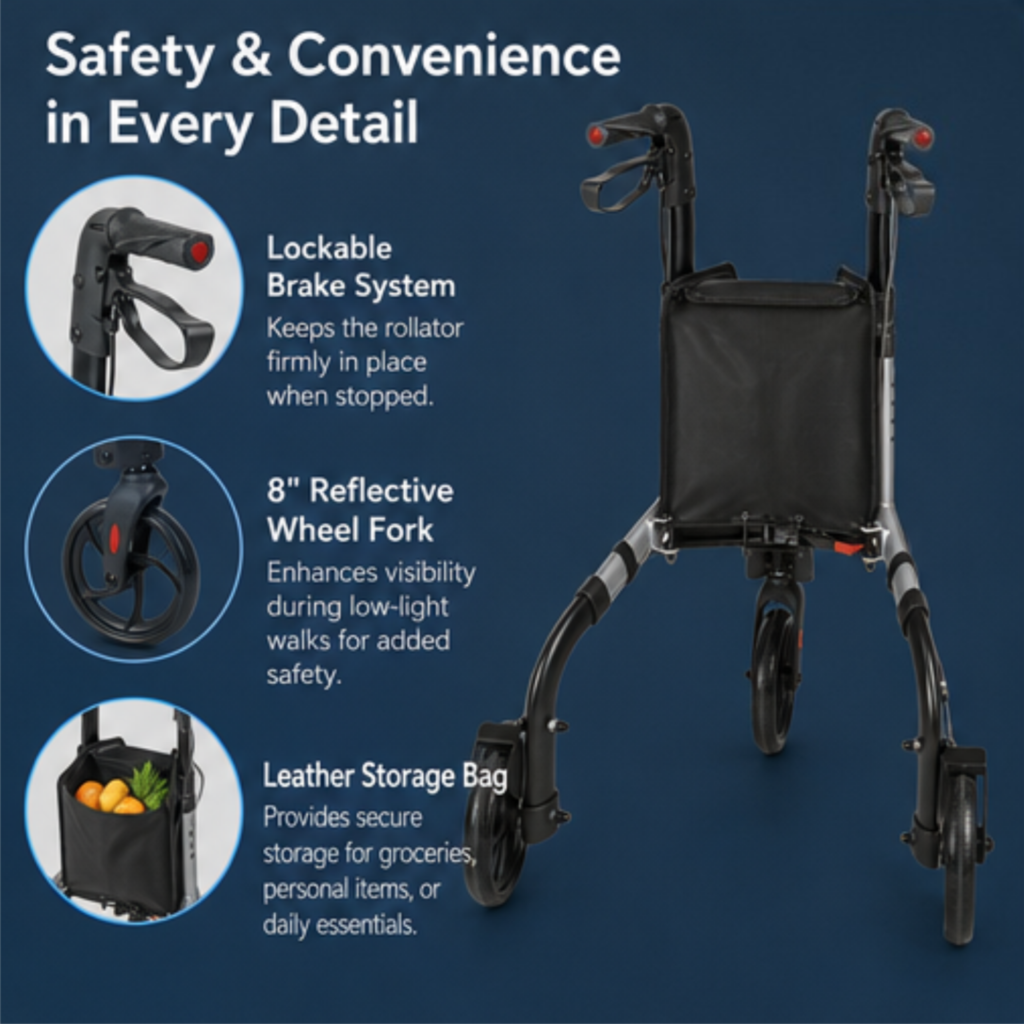 AndCare China Real Factory AC890L Lockable Brake 8 Inch Reflective Wheels Leather Storage Bag 3 Wheel Rollator Amazon Hot Selling OEM ISO 13485 CE FDA