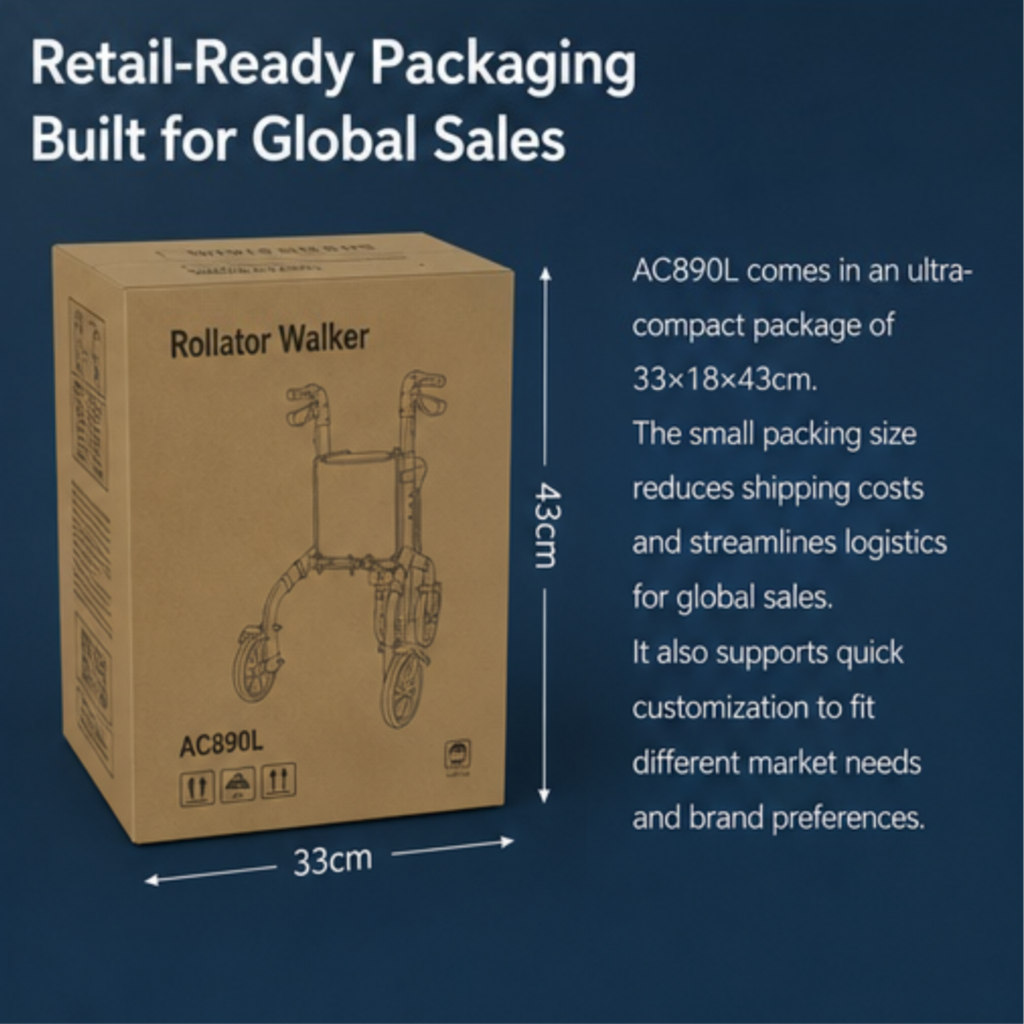 AndCare China Real Factory AC890L Retail Ready Packaging 33x18x43cm 3 Wheel Rollator Amazon Hot Selling Supplier OEM Wholesale ISO 13485 CE FDA