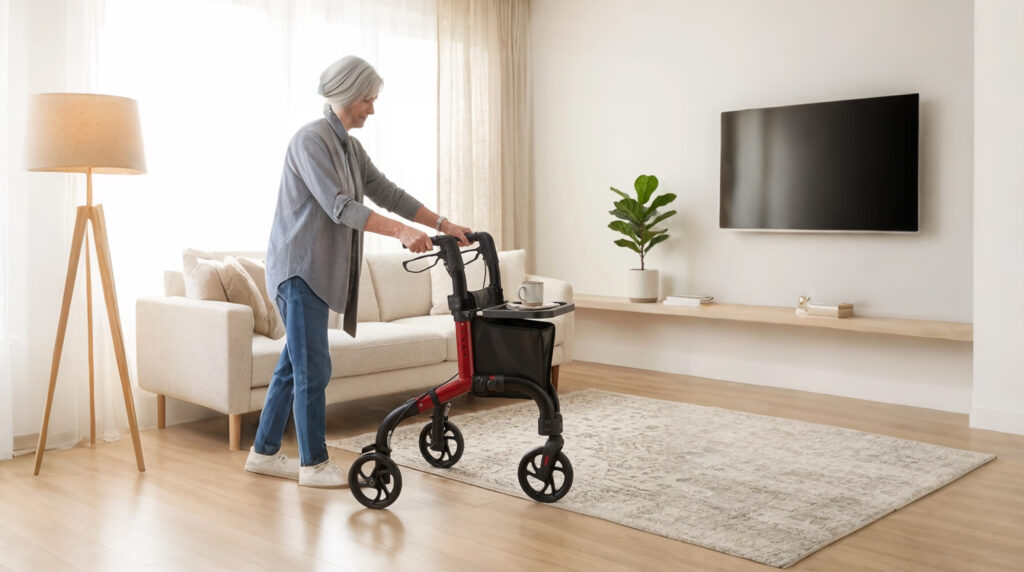 AndCare China Real Factory AC891L user carrying items on tray in market Aluminum 3-Wheel Rollator Amazon Hot Selling Supplier OEM Wholesale ISO 13485 CE FDA