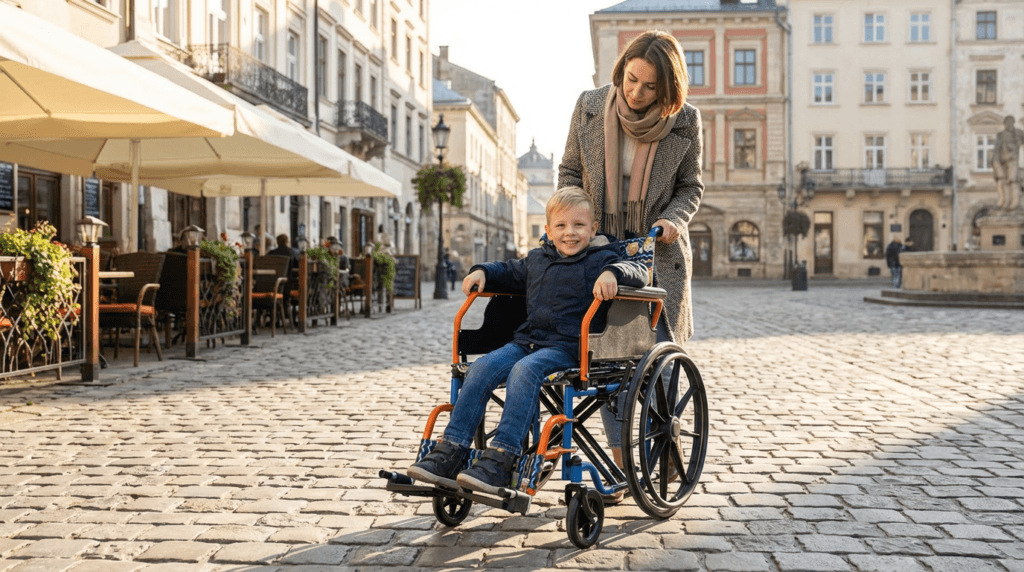 AndCare China Real Factory AC903-35 child using pediatric wheelchair in outdoor scene Steel Pediatric Manual Wheelchair Amazon Hot Selling Supplier OEM Wholesale ISO 13485 CE FDA