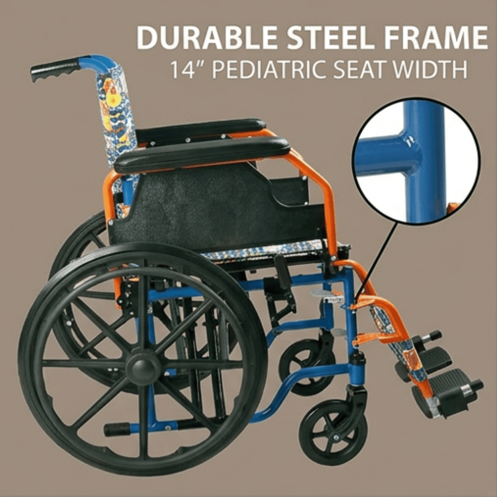 AndCare China Real Factory AC903-35 multi-angle view cartoon pattern pediatric design Steel Pediatric Manual Wheelchair Amazon Hot Selling Supplier OEM Wholesale ISO 13485 CE FDA