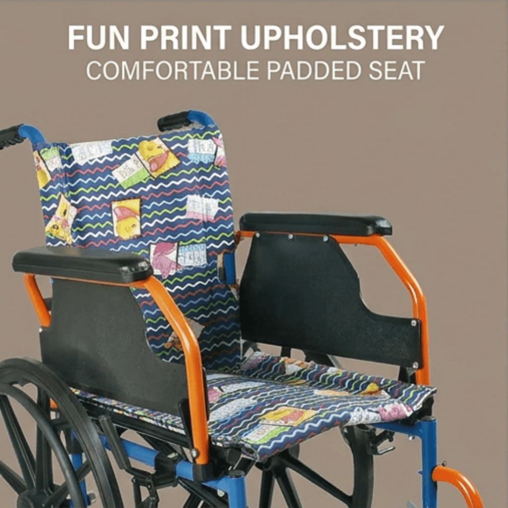 AndCare China Real Factory AC903-35 pediatric wheelchair cartoon pattern fabric design Steel Pediatric Manual Wheelchair Amazon Hot Selling Supplier OEM Wholesale ISO 13485 CE FDA
