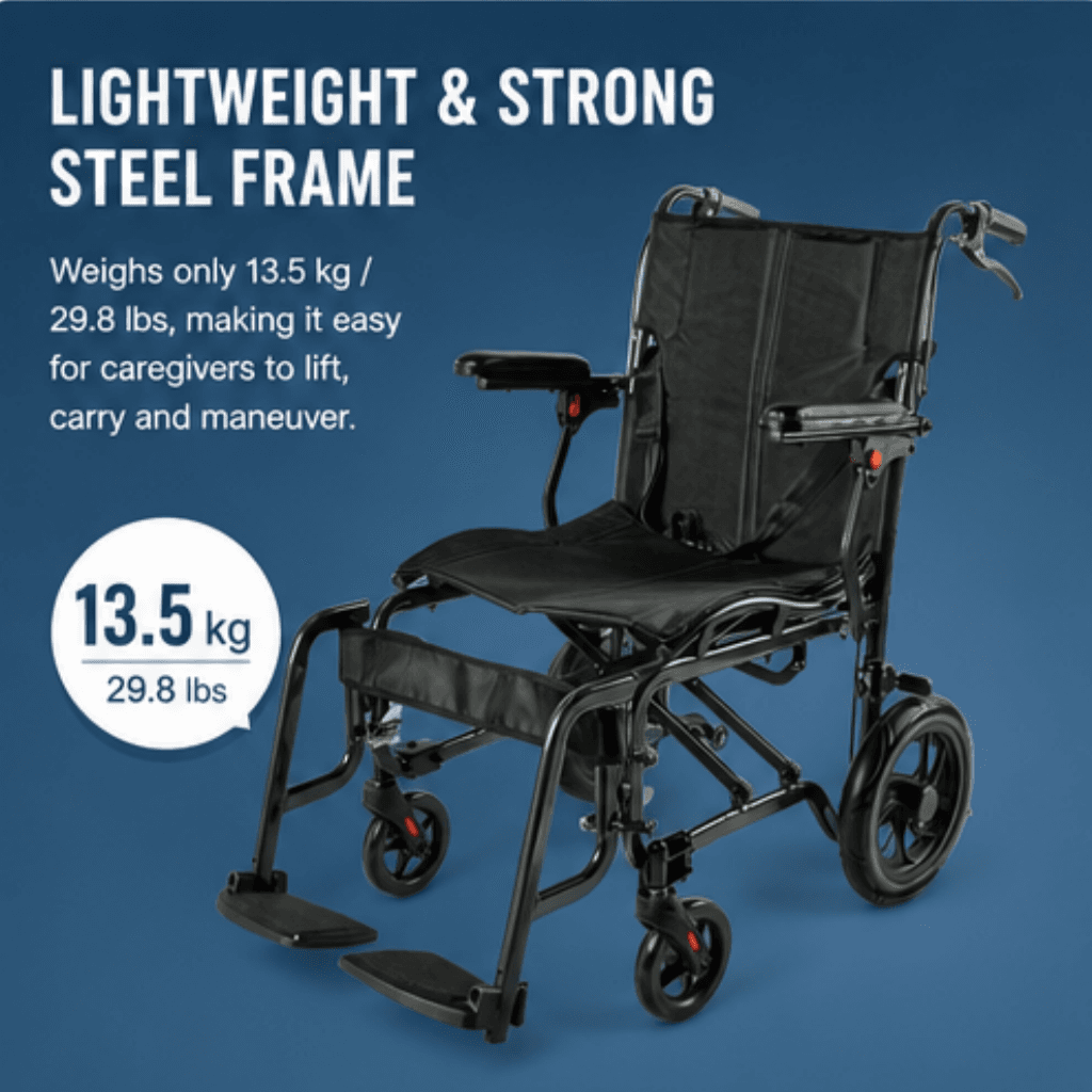 AndCare China Real Factory AC908-12 black mesh fabric and PU wheels detail Steel Ergonomic Transport Wheelchair Amazon Hot Selling Supplier OEM Wholesale ISO 13485 CE FDA