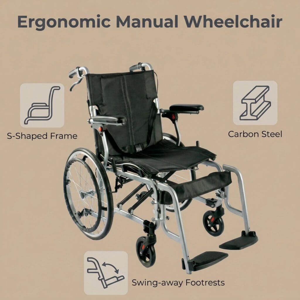 AndCare China Real Factory AC908-20 folding design and ergonomic backrest shape Steel Ergonomic Manual Wheelchair Amazon Hot Selling Supplier OEM Wholesale ISO 13485 CE FDA