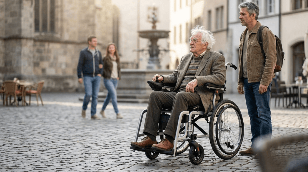 AndCare China Real Factory AC908E-22 outdoor European plaza scene with steel wheelchair Steel Manual/Electric Wheelchair Amazon Hot Selling Supplier OEM Wholesale ISO 13485 CE FDA