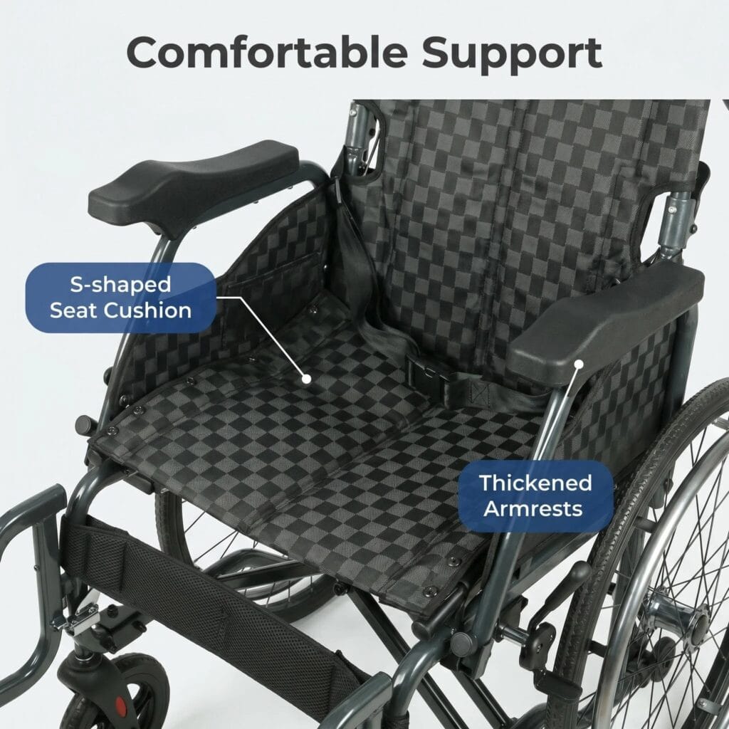 AndCare China Real Factory AC908L-22 ergonomic backrest and folding design detail Aluminum Ergonomic Manual Wheelchair Amazon Hot Selling Supplier OEM Wholesale ISO 13485 CE FDA