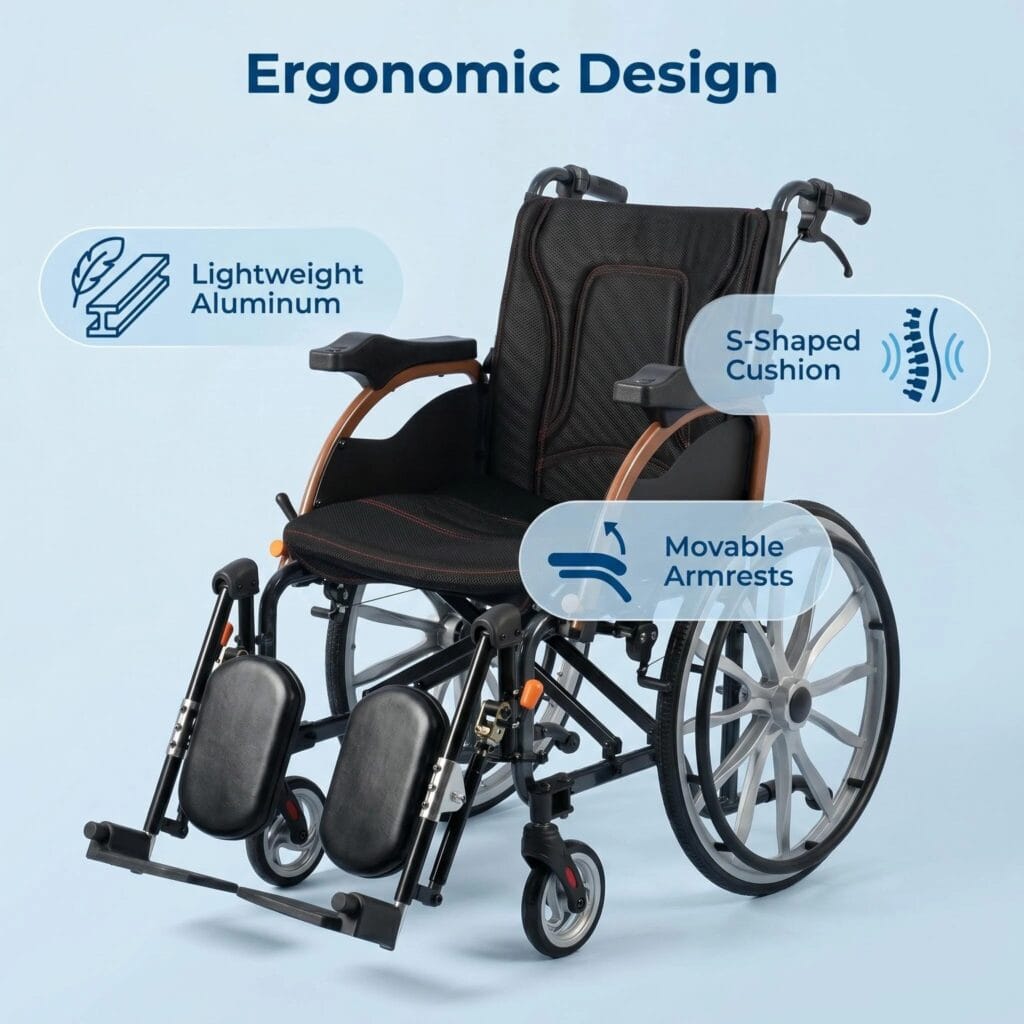 AndCare China Real Factory AC908LC-20B spray black frame folding design and elevated leg rests Aluminum Ergonomic Manual Wheelchair Amazon Hot Selling Supplier OEM Wholesale ISO 13485 CE FDA