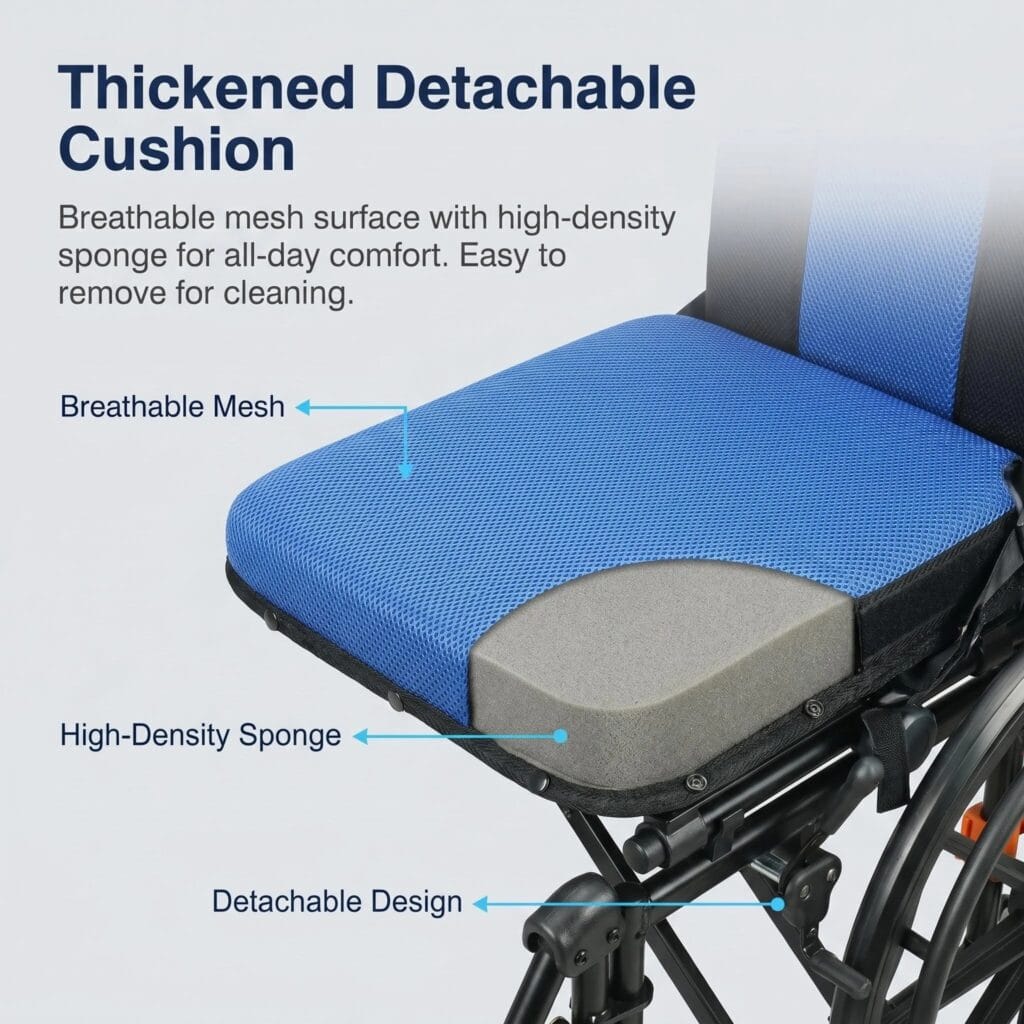 AndCare China Real Factory AC958LGC-20B breathable black and blue seat cushion detail Aluminum Reclining Manual Care Wheelchair Amazon Hot Selling Supplier OEM Wholesale ISO 13485 CE FDA