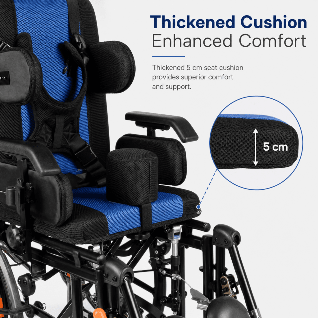 AndCare China Real Factory AC959LGC-20 breathable black and blue cushion and head support Aluminum Reclining Manual Care Wheelchair Amazon Hot Selling Supplier OEM Wholesale ISO 13485 CE FDA