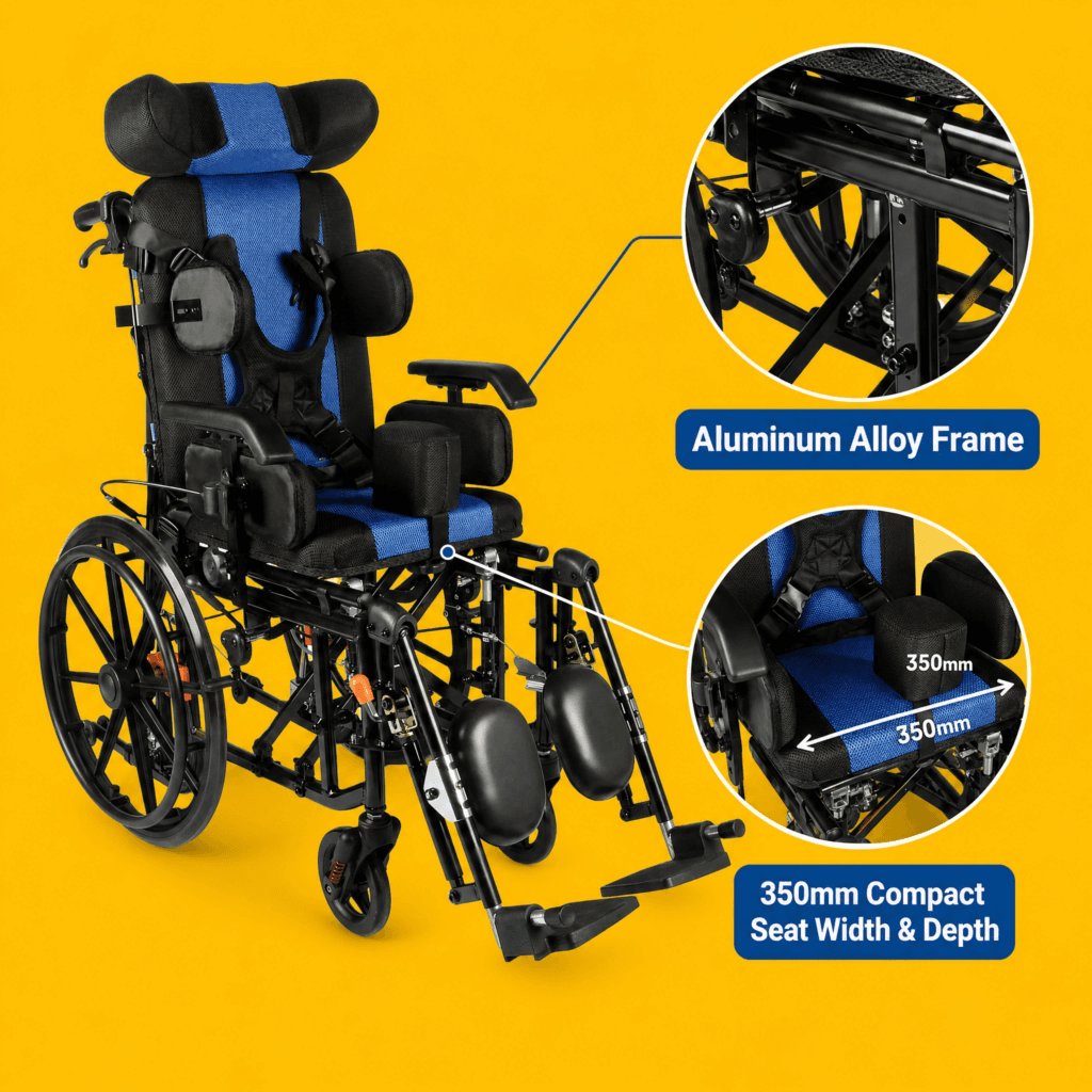 AndCare China Real Factory AC959LGC-20 powder-coated black frame narrow design Aluminum Reclining Manual Care Wheelchair Amazon Hot Selling Supplier OEM Wholesale ISO 13485 CE FDA