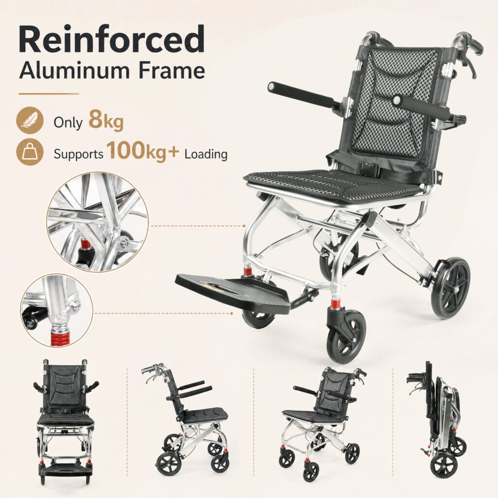 AndCare China Real Factory AC976L-8 silver mesh fabric and small PU wheels detail Aluminum Lightweight Travel Wheelchair Amazon Hot Selling Supplier OEM Wholesale ISO 13485 CE FDA