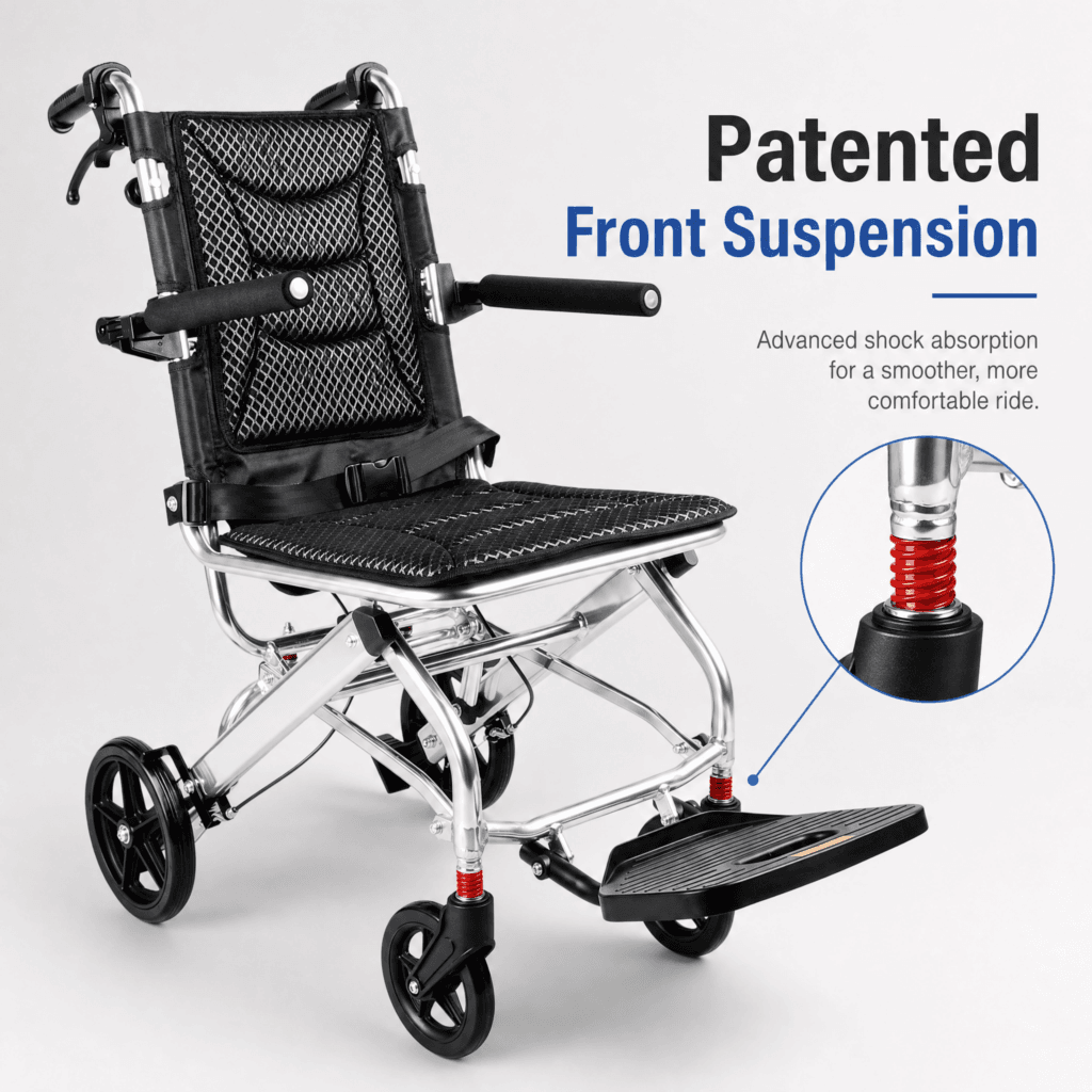 AndCare China Real Factory AC976L-8 ultra-compact folding 27cm for air travel Aluminum Lightweight Travel Wheelchair Amazon Hot Selling Supplier OEM Wholesale ISO 13485 CE FDA