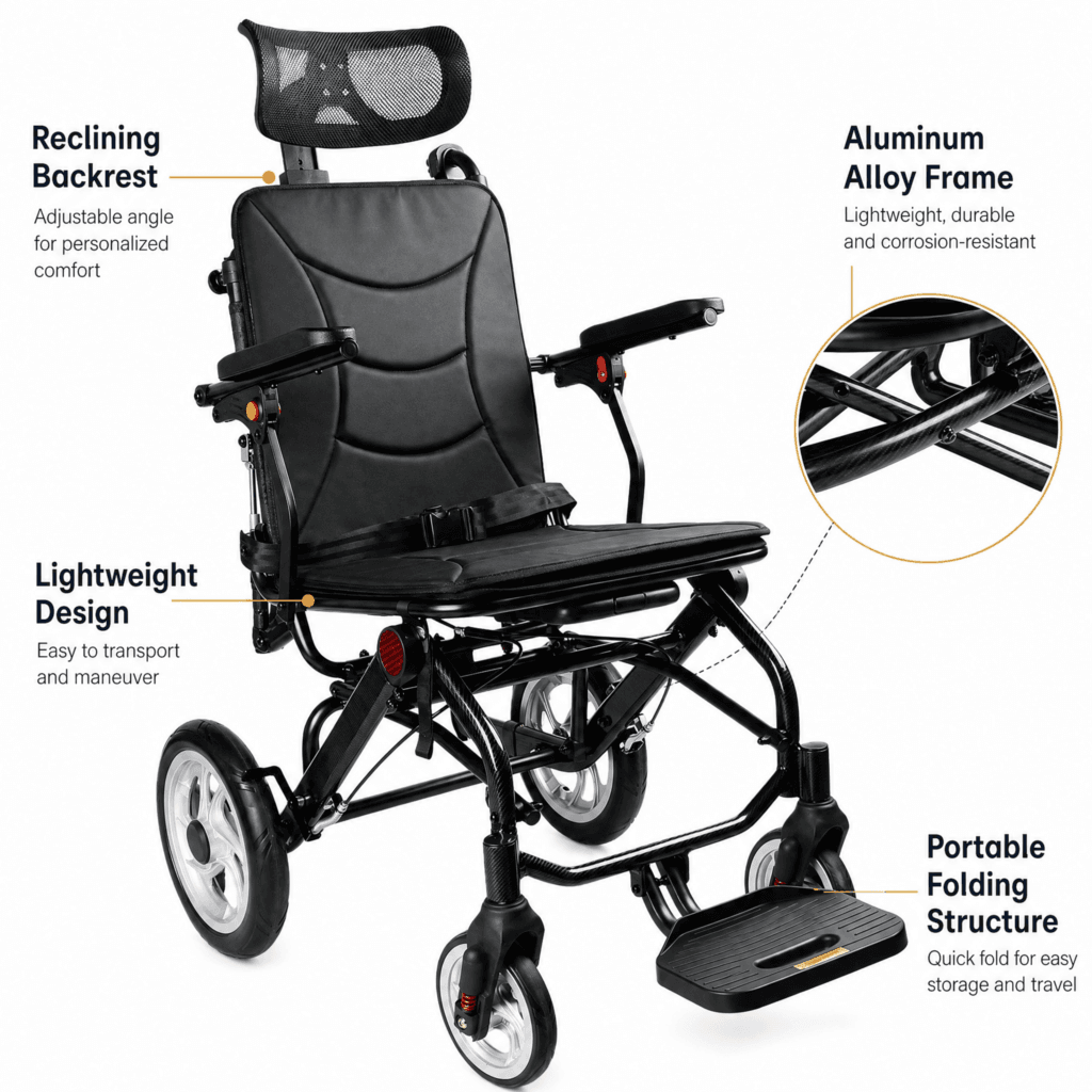 AndCare China Real Factory AC976LG-12 aluminum lightweight reclining travel wheelchair whirlwind wheels Aluminum Lightweight Reclining Travel Wheelchair Amazon Hot Selling Supplier OEM Wholesale ISO 13485 CE FDA